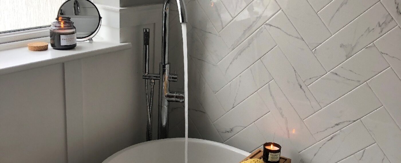 Herringbone marble tile bathroom customer project